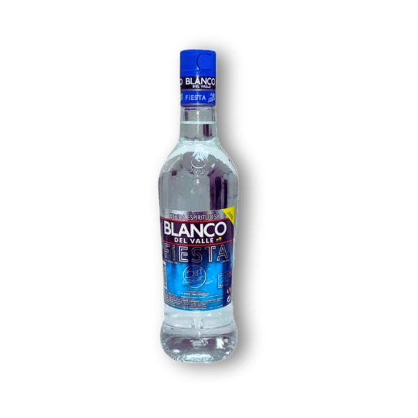 Aguardiente Fiesta Blanco del Valle Sin Azúcar en botella de 700 ml con tapa azul. Bebida espirituosa colombiana suave y ligera, ideal para disfrutar solo o en cócteles.