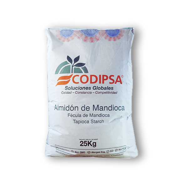 Almidón Dulce de Yuca Codipsa en saco de 25 kg. Ideal para la elaboración de productos sin gluten como pan de yuca y buñuelos.