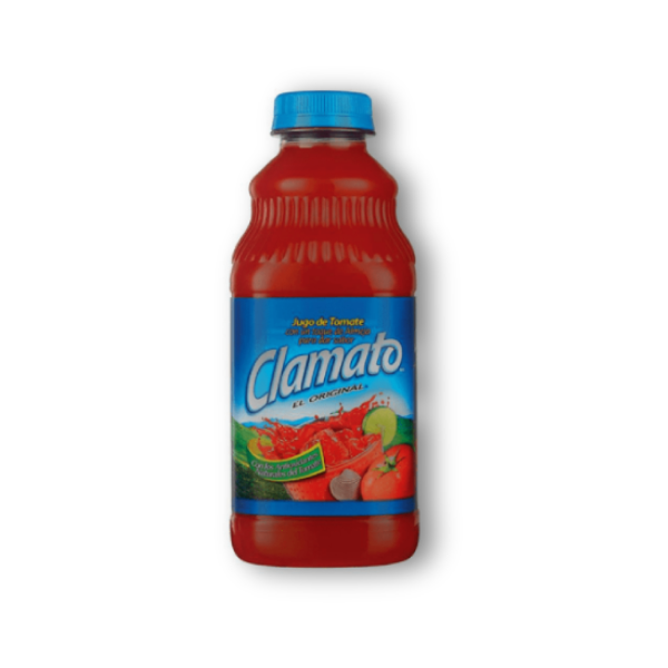 Clamato Tomato Cocktail 946 ml – mezcla de jugo de tomate, caldo de almejas y especias, ideal para hacer micheladas, César o realzar sabores intensos.