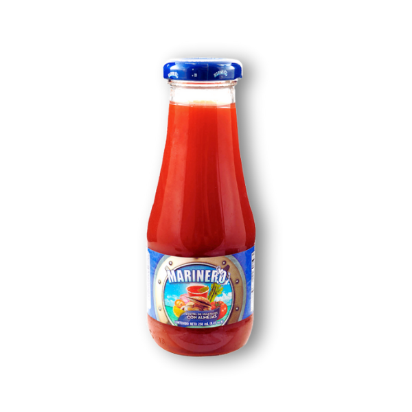 Coctel de Tomate “Marinero” 250 ml – bebida guatemalteca de tomate condimentado, ideal para preparar micheladas, sopas y tragos frescos.