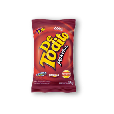 Snack mixto colombiano de papa, plátano y chicharrón con intenso sabor a barbacoa. Crujiente, delicioso y perfecto para compartir o disfrutar en cualquier momento. Ideal para picoteo y loncheras.