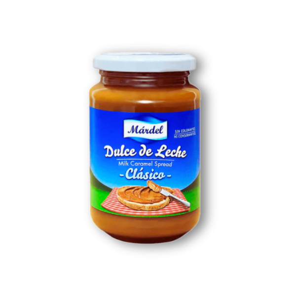 Dulce de Leche Mardel 450 g en frasco de cristal, con textura cremosa y sabor dulce suave, ideal para untar, rellenar o disfrutar directamente.
