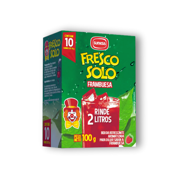 Bebida instantánea en polvo con sabor intenso a frambuesa, práctica para preparar refrescos frutales nutritivos y deliciosos en casa.