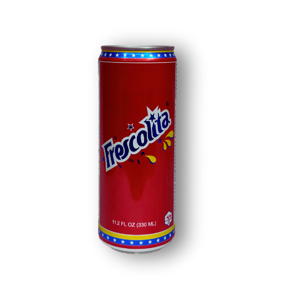 Frescolita en lata de 330 ml. Sabor único venezolano con un toque de chicle