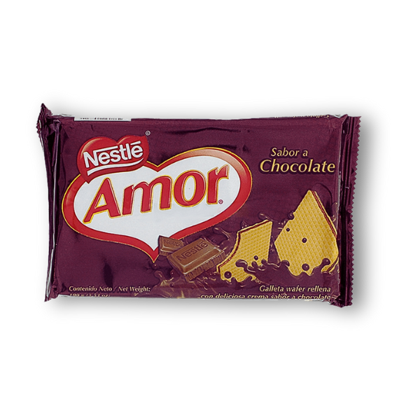 Galletas Amor Chocolate 100 g, obleas crujientes rellenas de crema de chocolate para un momento dulce y especial.