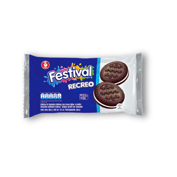 Galletas Festival Recreo 360 g, el snack dulce con intenso sabor a chocolate y relleno cremoso de vainilla para disfrutar en cualquier momento.
