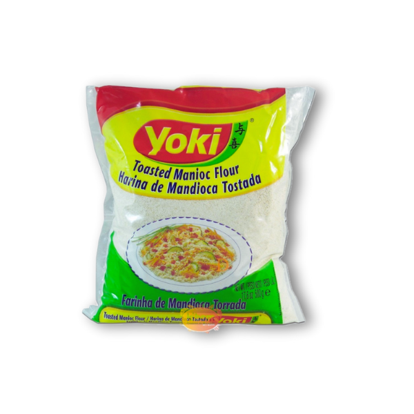 Harina de Mandioca Torrada Yoki 500 g – sabor suave a nuez, sin gluten, ideal para farofa, guisos y recetas brasileñas auténticas.