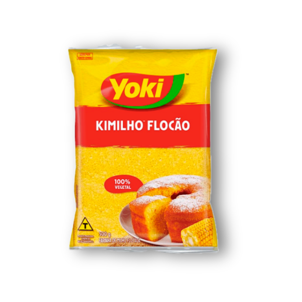 Kimilho Flocão Yoki (500 g). Harina de maíz escamada lista para preparar cuscús, tortas o postres brasileños con sabor auténtico.