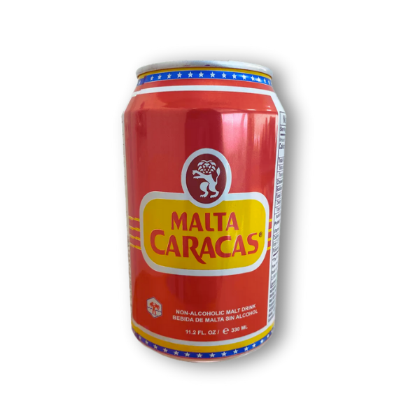 Malta Caracas en lata de 330 ml. Bebida de malta carbonatada venezolana, refrescante y sin alcohol. Ideal para disfrutar en cualquier momento del día.