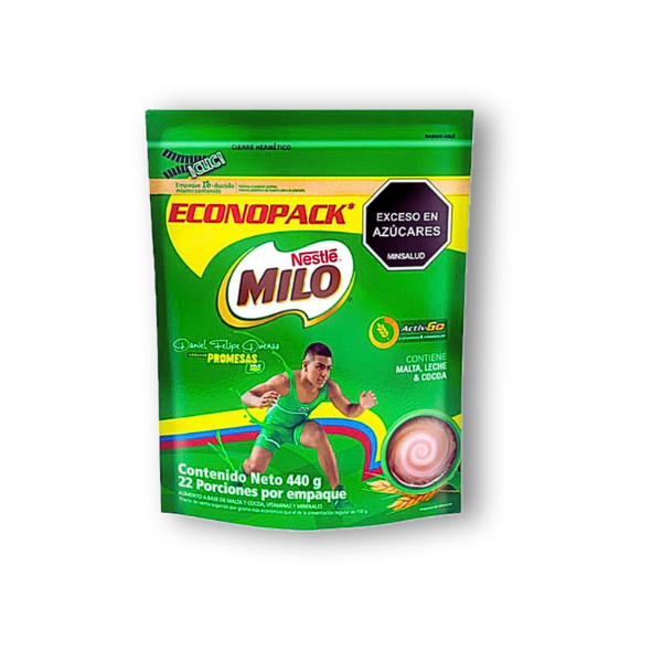 Milo Doypack 440 g: bebida en polvo con cacao y vitaminas, energía y sabor colombiano para toda la familia.