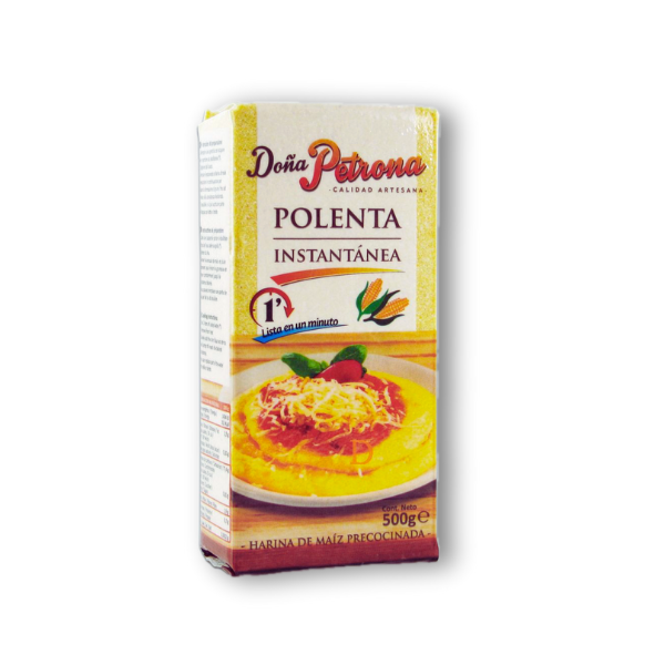 Polenta Doña Petrona 500 g – harina de maíz instantánea sin gluten, lista en 1 minuto. Ideal para platos cremosos o crujientes según tu inspiración.