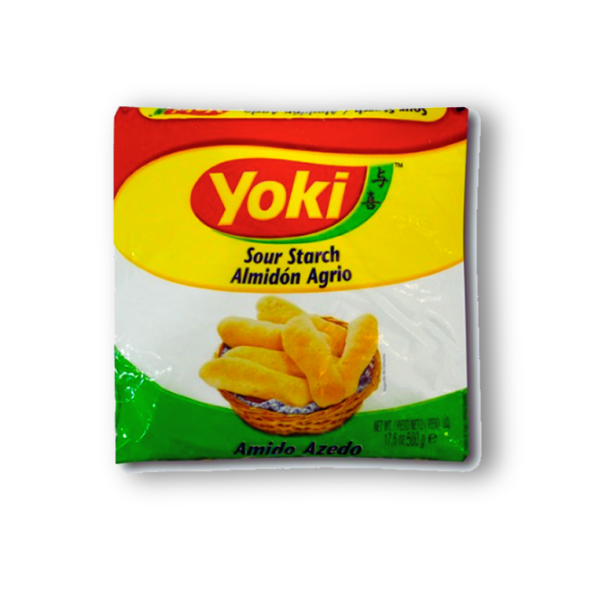 Almidón agrio de yuca Yoki 500 g. Ideal para preparar pão de queijo y otras recetas brasileñas sin gluten.