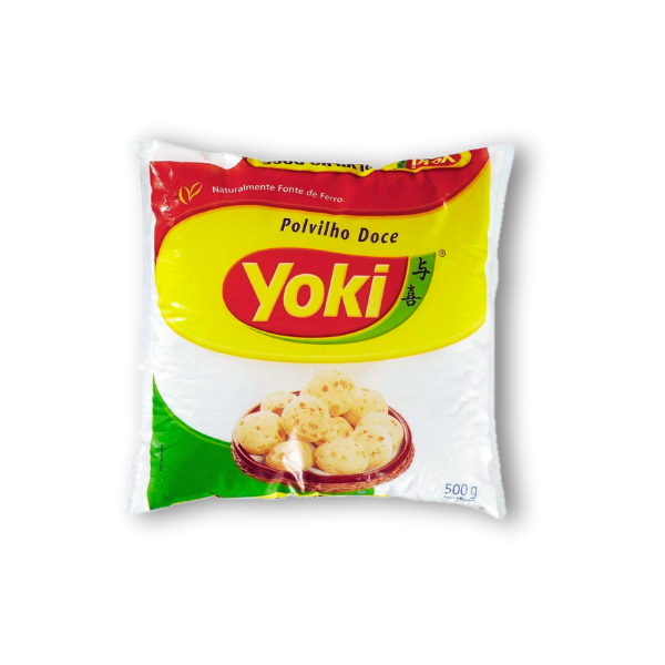 Almidón de yuca dulce Yoki 500 g. Ideal para preparar pão de queijo y otros productos sin gluten.