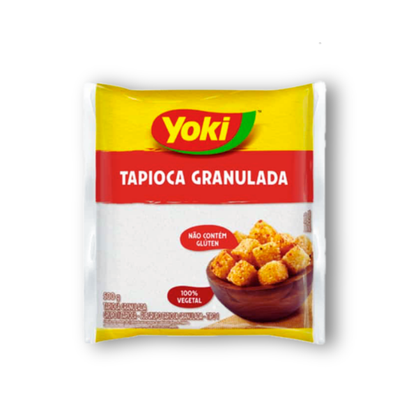 Tapioca granulada Yoki 500 g. Ideal para preparar beiju y otras recetas brasileñas sin gluten.